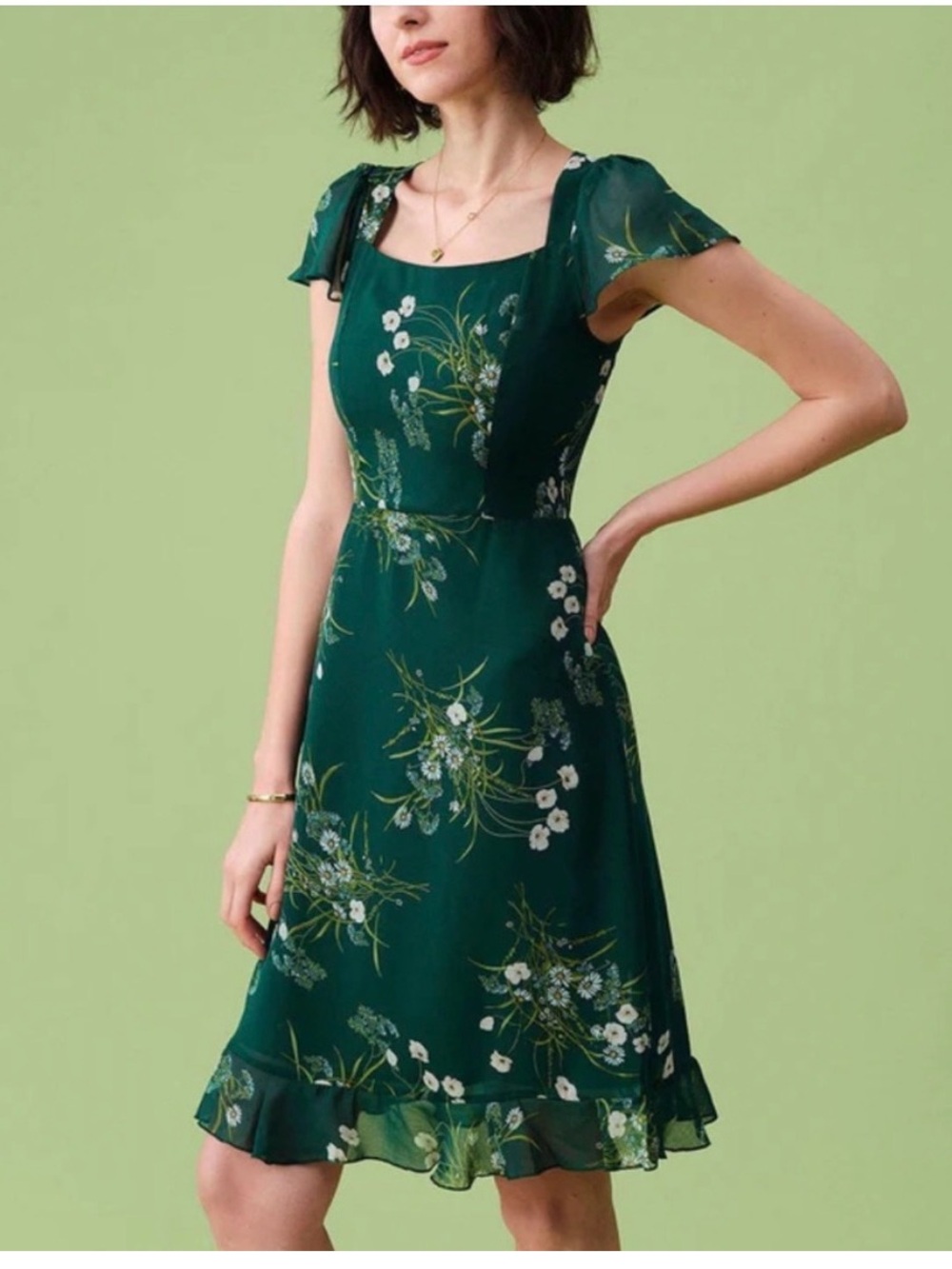 Rihoas Green Floral Square Neck Midi Dress Tea Dress Flutter Sleeve Size M